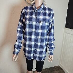 ABERCROMBIE & FITCH Women Large Button Down Shirt Flannel Blue Plaid Relaxed Fit